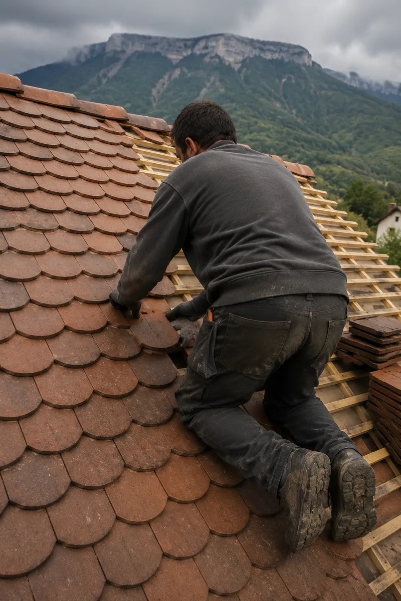 Artisan couvreur compagnon de Compagnon Destrich au travail sur une toiture en tuiles en Isère